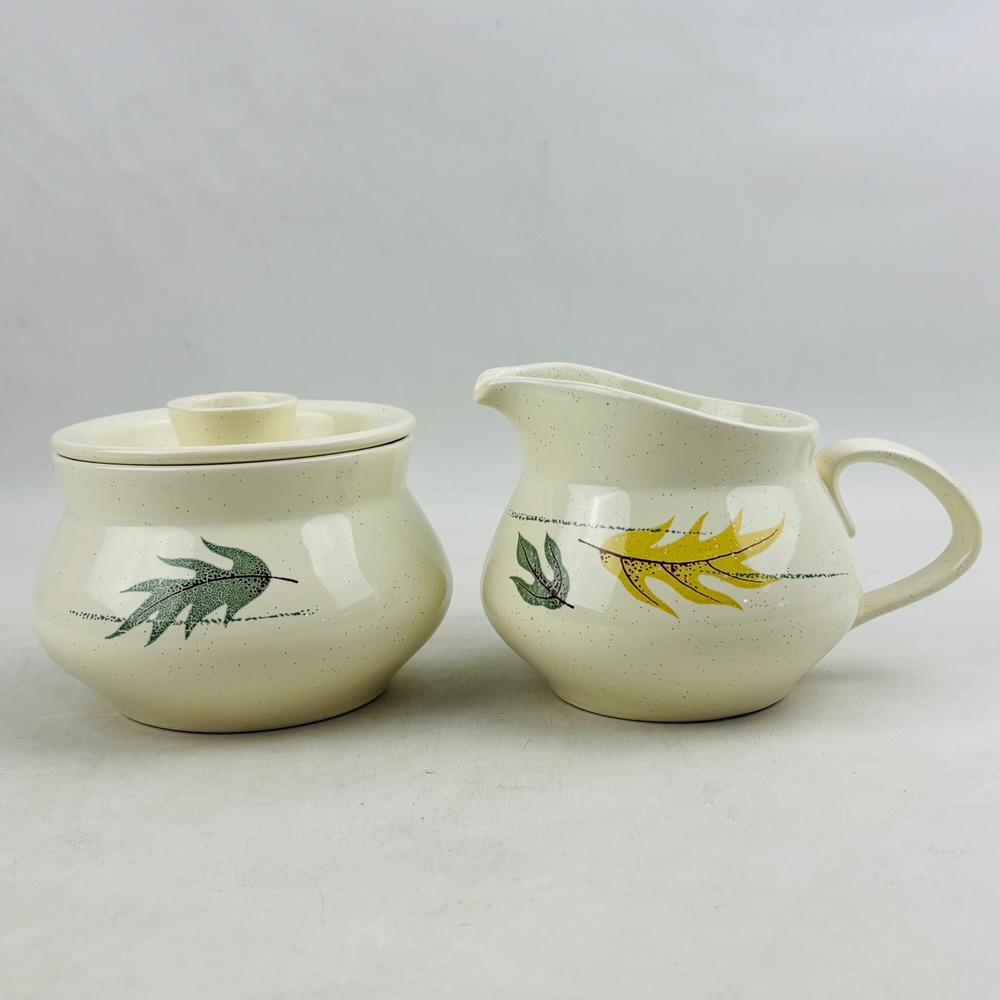 Franciscan Autumn Sugar Creamer Set Speckled Leaves Bowl Lid MCM Vintage